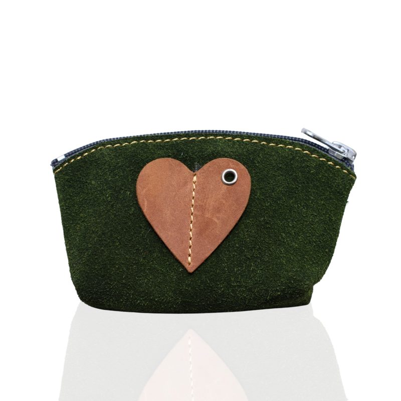Wazawazi Heart Leather Coin Pouch Suede Green Front.jpg